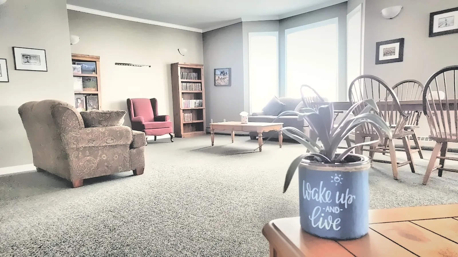 Shared lounge with armchairs, bookshelves and dining chairs